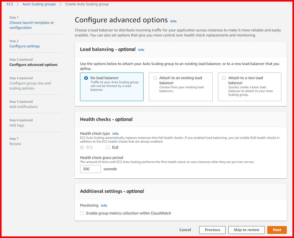 Picture showing the configure advanced options section of the Create Auto Scaling group screen